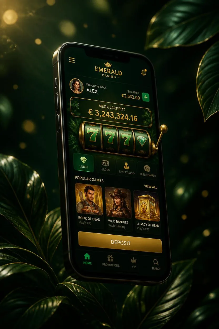 Verde Casino mobil-app på smartphone – grøn lobby