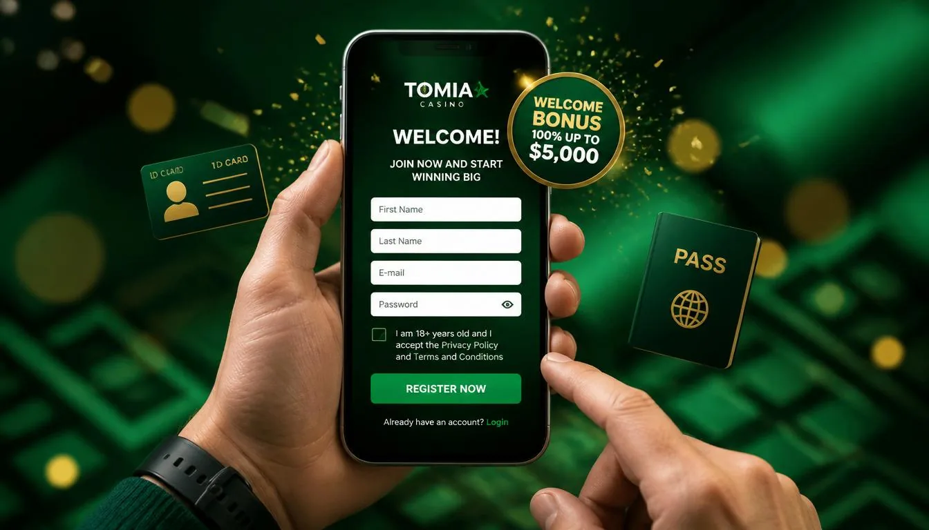 Verde Casino registrering på smartphone med velkomstbonus-badge